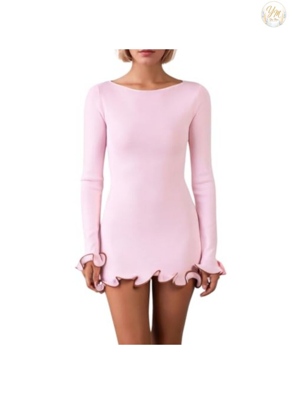 Women Ruffle Hem Knit Mini Bodycon Dress Long Sleeve Contrast Trim Sweater